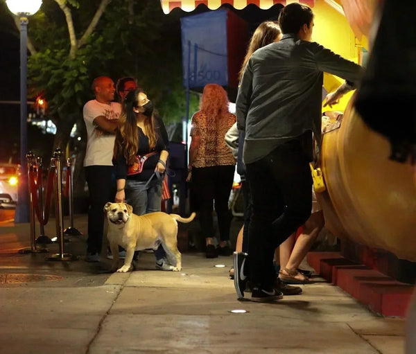 Customers and a dog waiting in line at night outside Tail O’ The Pup, an iconic roadside hot dog stand in Los Angeles.